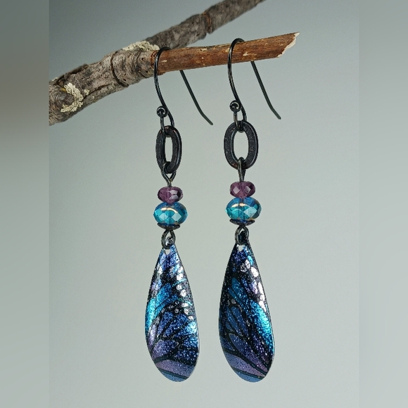 HAND CRAFTED Butterfly Wing Earrings Black Blue Purple Artisan Glass Fairycore - Picture 4 of 6